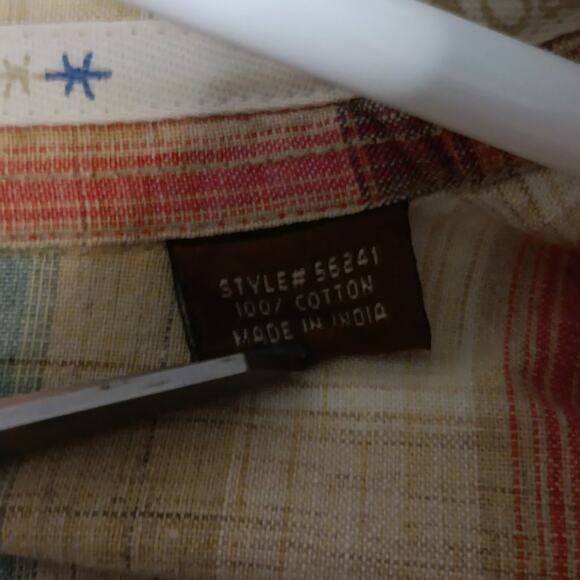 Vtg Walls Ranch Wear Western Shirt L Tan/Orange Plaid Pearl Snap Short Sleeve - Picture 7 of 15